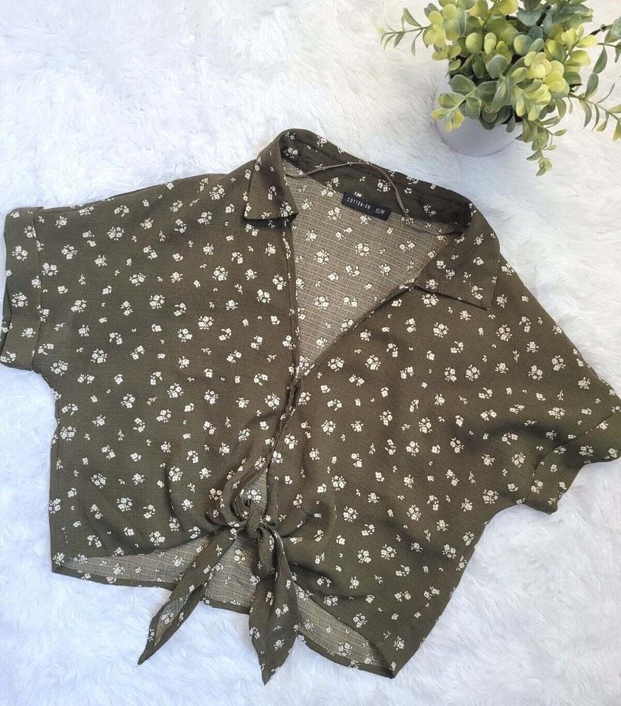 [290]Cotton On Women's Size XS Camo Green Floral Waist Tie Crop Top